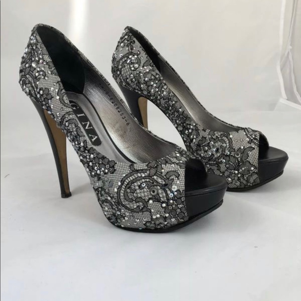 Gina London black lace/leather Swarovski